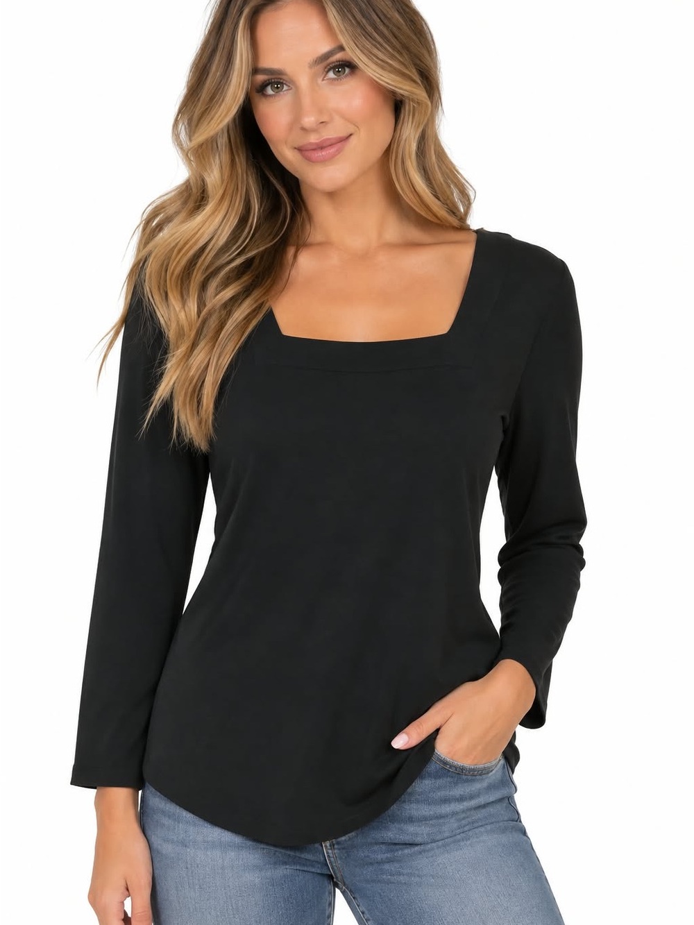 Susan Graver Black Square Neck Long Sleeve Top